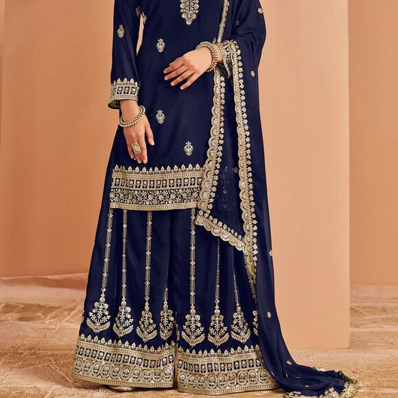 Regal Charm Navy Blue Pakistani Zari Embroidered Faux Georgette Festive Palazzo - Picture 1 of 5